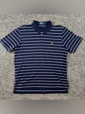 VTG Polo Ralph Lauren Men's Large Navy White Stripe Pima Cotton Polo 90s Pony